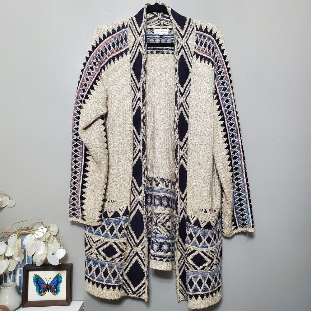 Lucky Brand Cardigan Sweater Size L/XL Oatmeal Tribal Aztec Western Open Front
